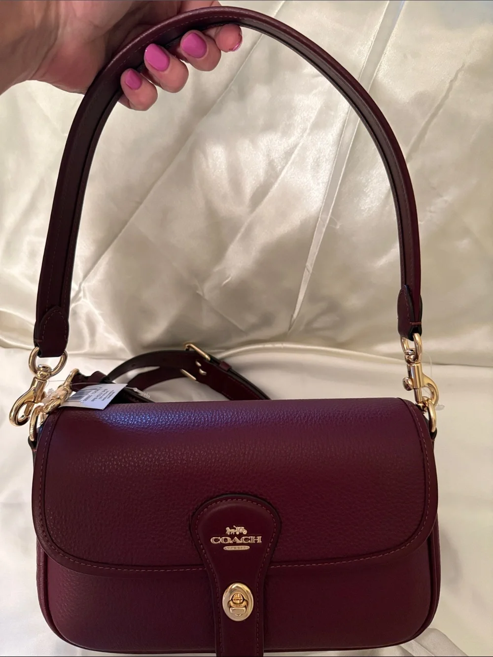 ♥️Coach NWT Dark Wine Leather Hadley Turnlock Shoulder Bag with Gold Hardware